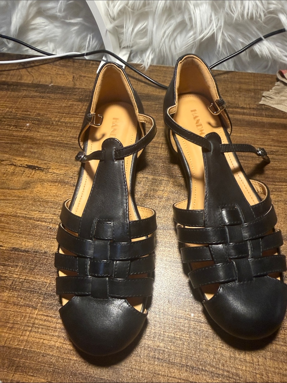 Handmade 100/100 leather Ladies Black Woven T‑Strap Sandals with Ankle Buckle